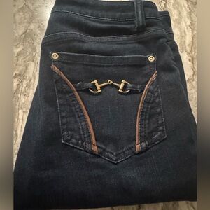 Caché Dark Wash Bootcut Stretch Jeans Gold Horsebit Pocket Detail Size 4